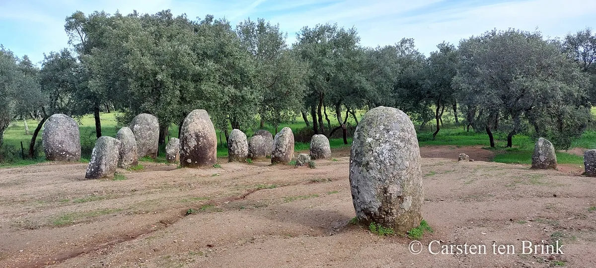 The double-oval enclosure of the Neolithic Almendres Cromlech in Évora, Portugal