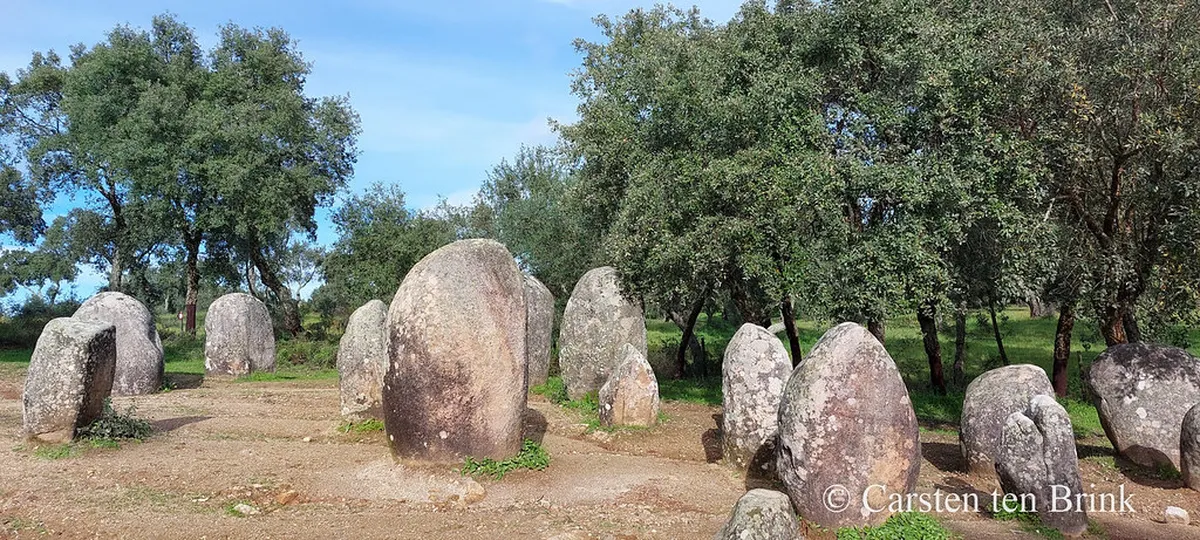 The granite monoliths of Almendres Cromlech near Évora, Portugal